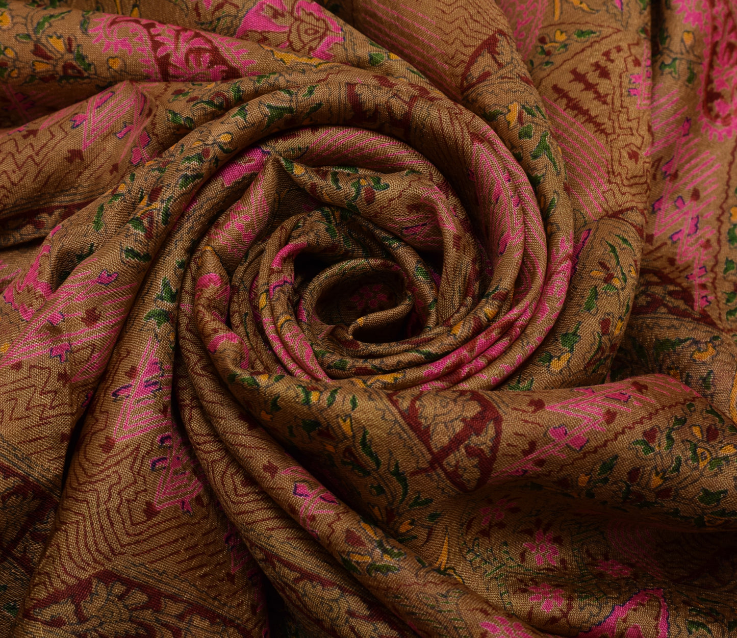 Sushila Vintage Brown Saree 100% Pure Silk Printed Floral Soft Craft Fabric