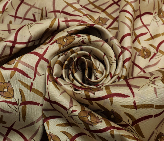 Sushila Vintage Cream Saree Blend Silk Printed Floral Soft Craft 5 Yard Fabric