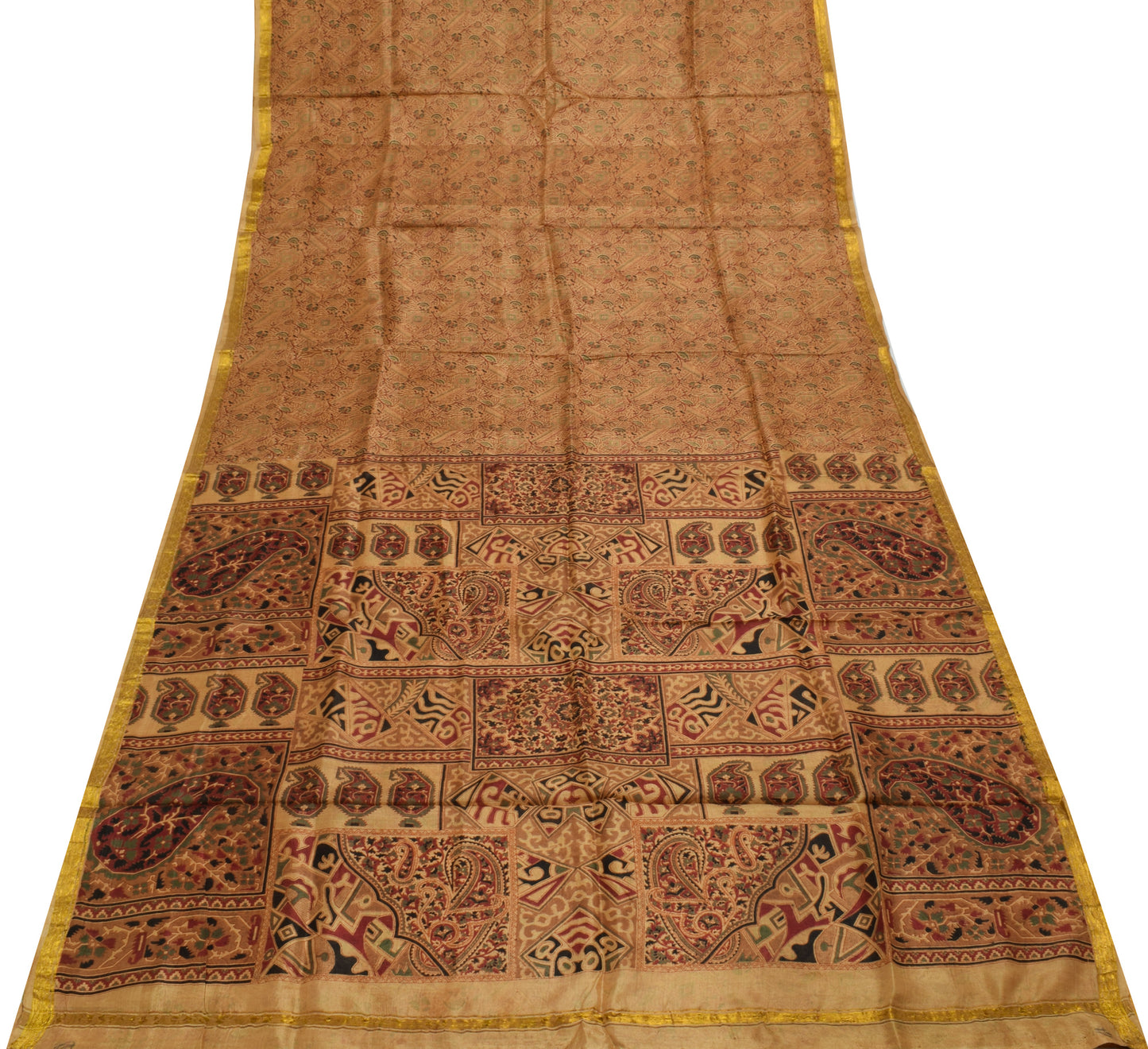 Sushila Vintage Brown Saree 100% Pure Silk Printed Floral Soft Craft Fabric