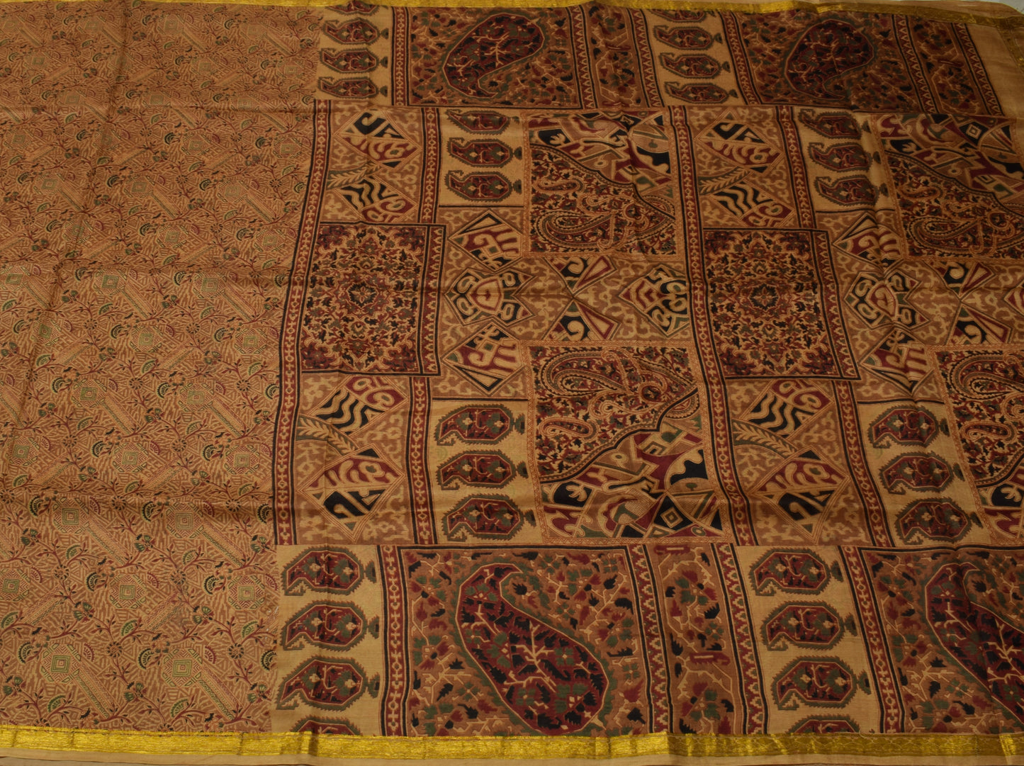 Sushila Vintage Brown Saree 100% Pure Silk Printed Floral Soft Craft Fabric