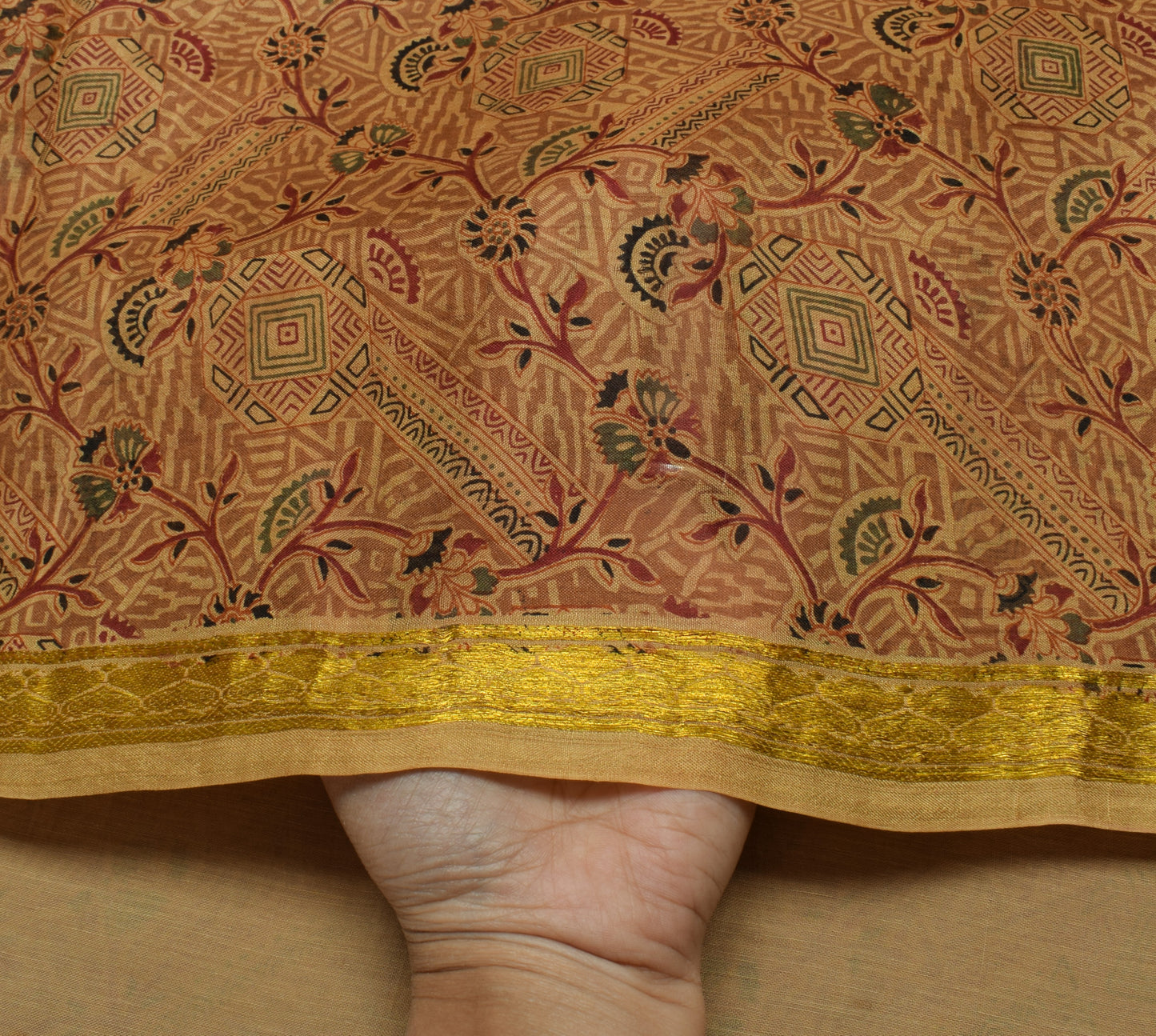 Sushila Vintage Brown Saree 100% Pure Silk Printed Floral Soft Craft Fabric