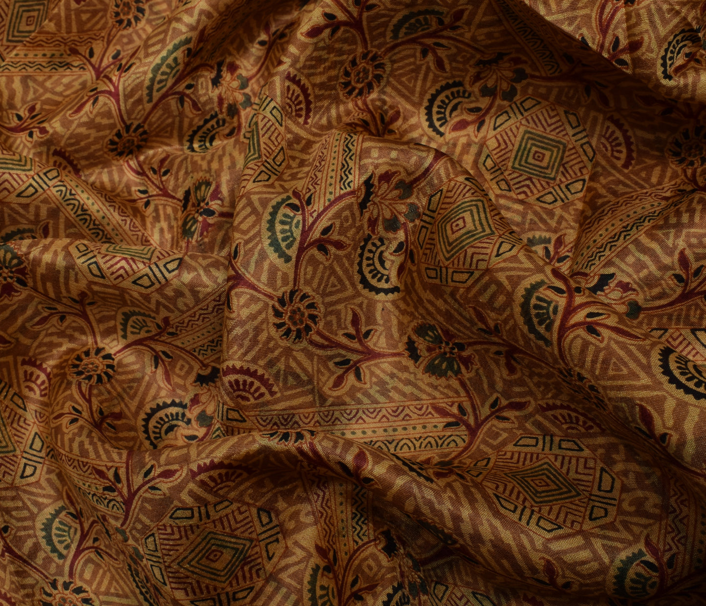 Sushila Vintage Brown Saree 100% Pure Silk Printed Floral Soft Craft Fabric