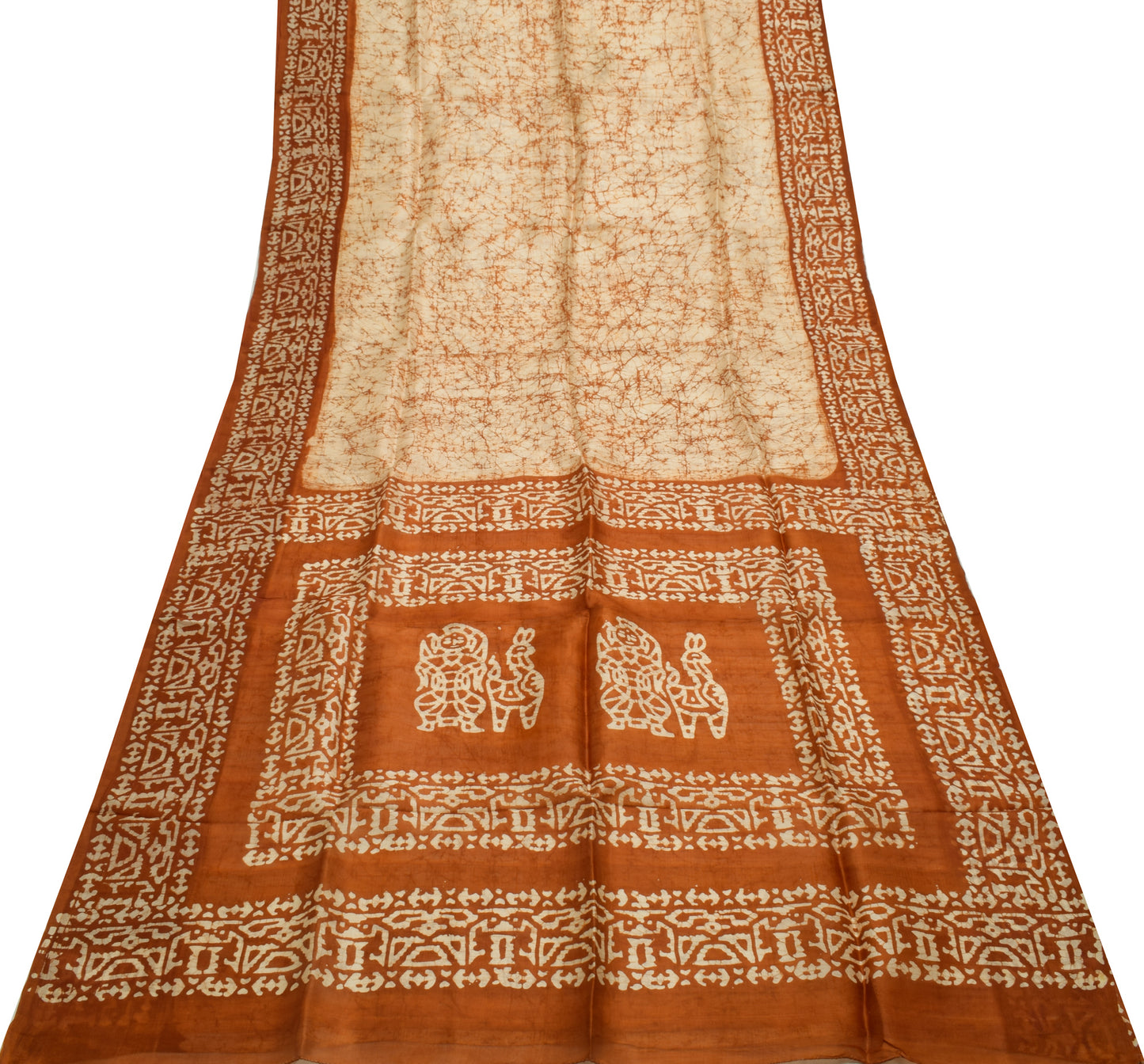 Sushila Vintage Light Brown Saree  Pure Silk Batik Printed Soft Craft Fabric