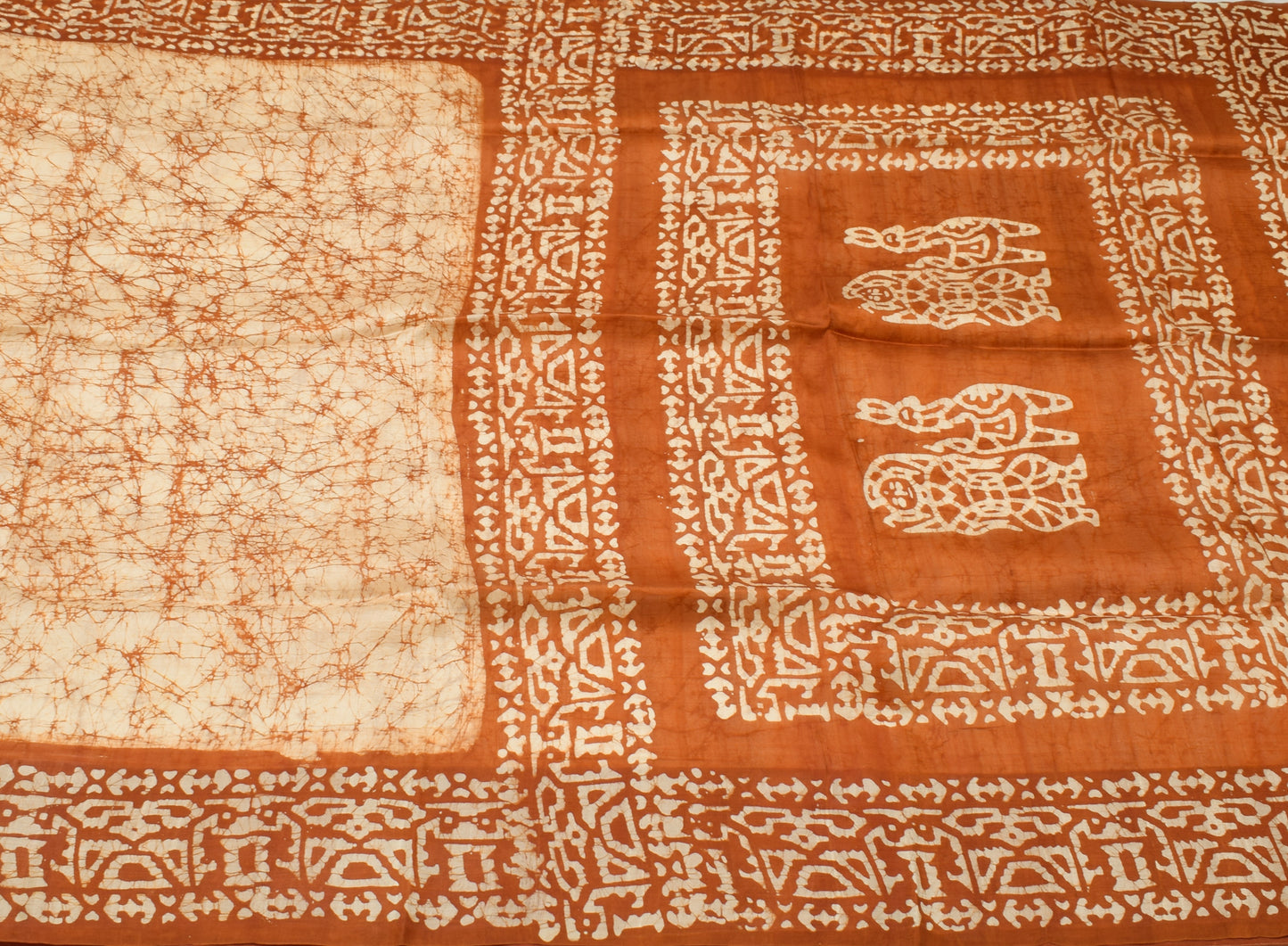 Sushila Vintage Light Brown Saree  Pure Silk Batik Printed Soft Craft Fabric