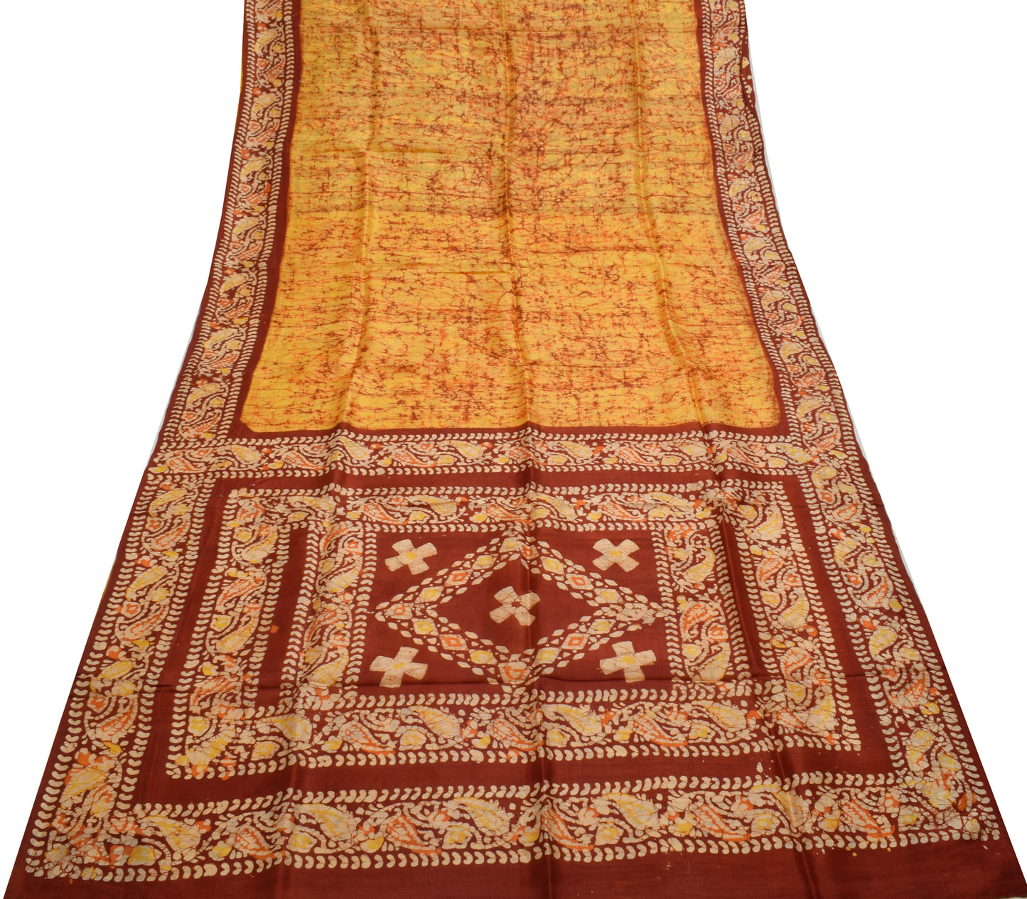 Sushila Vintage Yellow Saree 100% Pure Silk Batik Printed Soft Craft Fabric