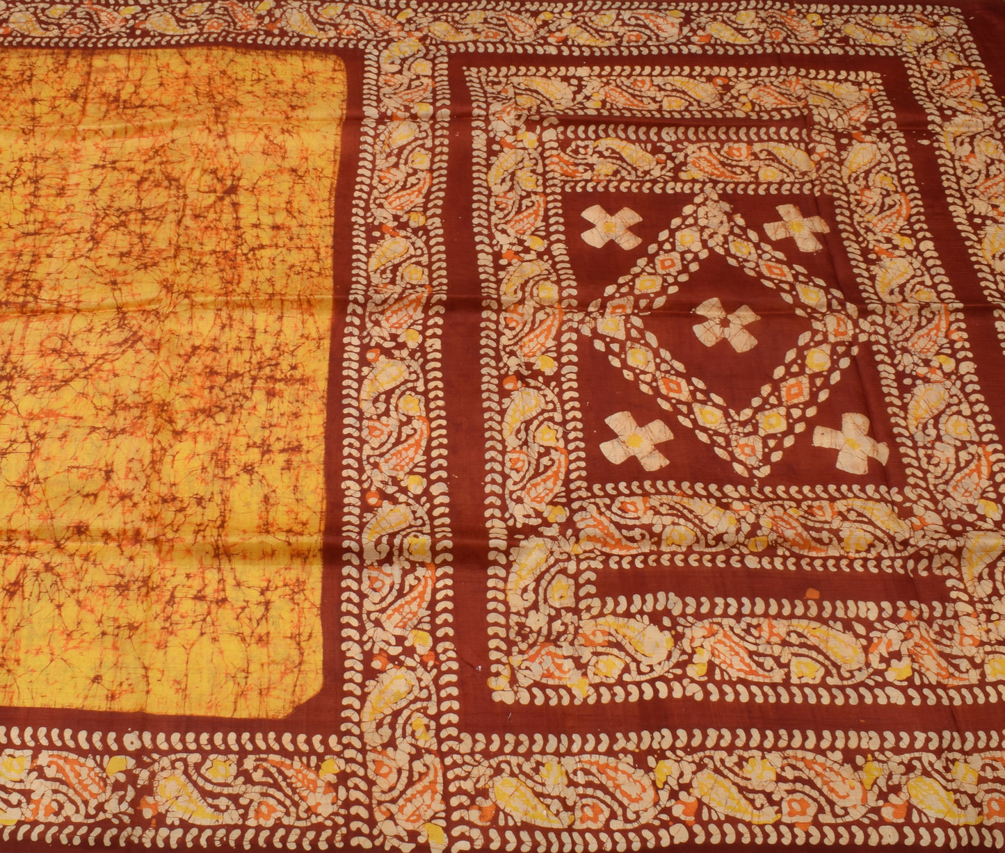 Sushila Vintage Yellow Saree 100% Pure Silk Batik Printed Soft Craft Fabric