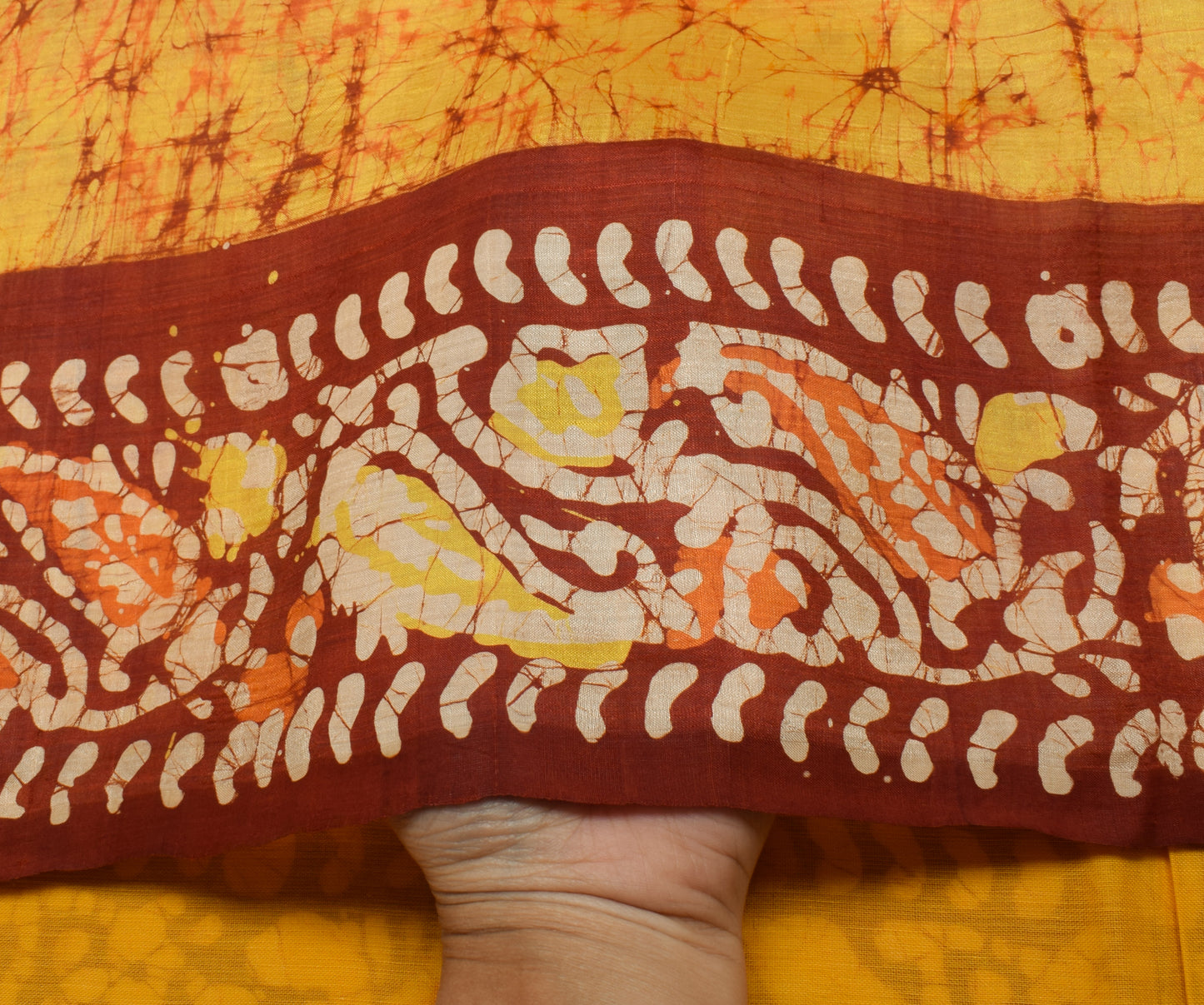 Sushila Vintage Yellow Saree 100% Pure Silk Batik Printed Soft Craft Fabric