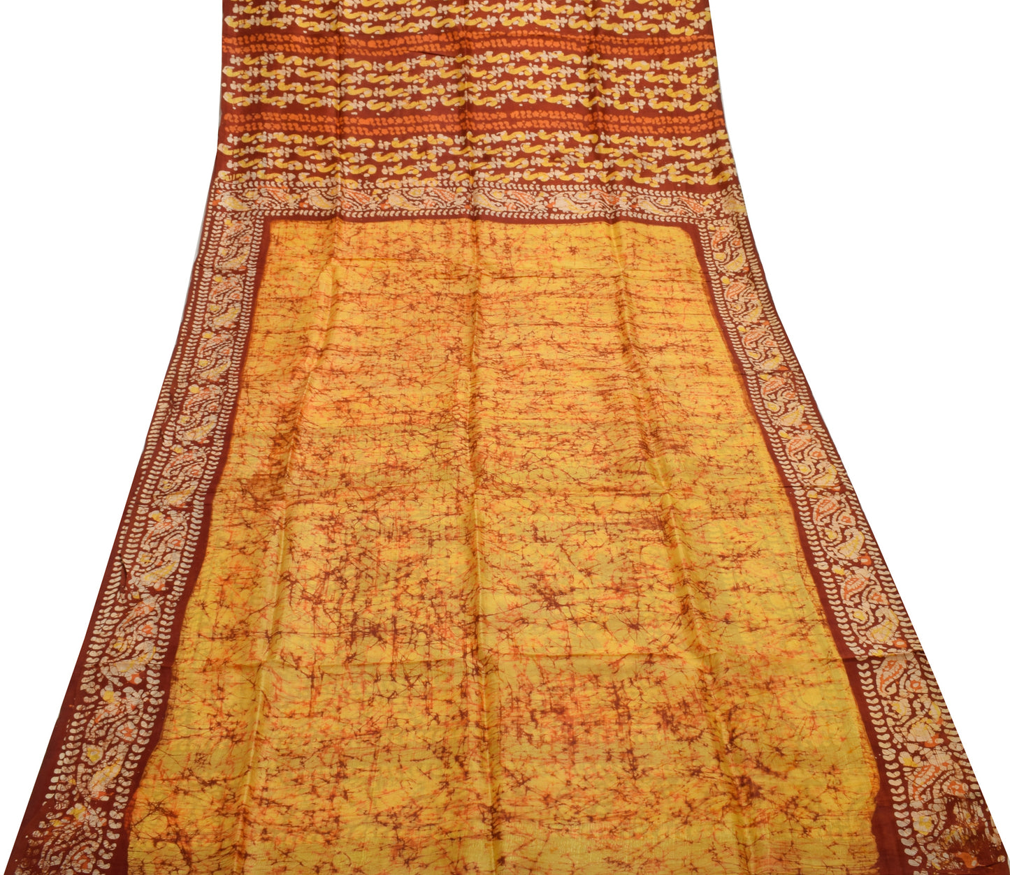 Sushila Vintage Yellow Saree 100% Pure Silk Batik Printed Soft Craft Fabric
