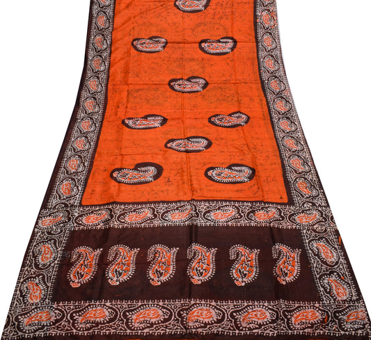 Sushila Vintage Orange Saree 100% Pure Silk Batik Printed Paisley Craft Fabric