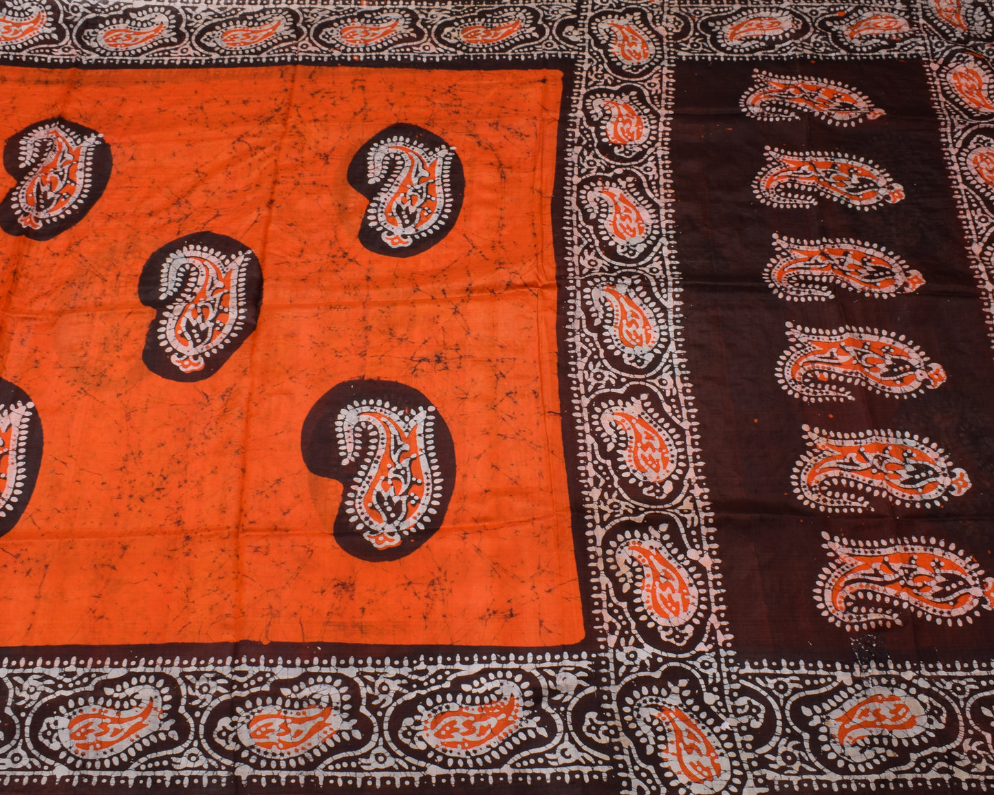 Sushila Vintage Orange Saree 100% Pure Silk Batik Printed Paisley Craft Fabric