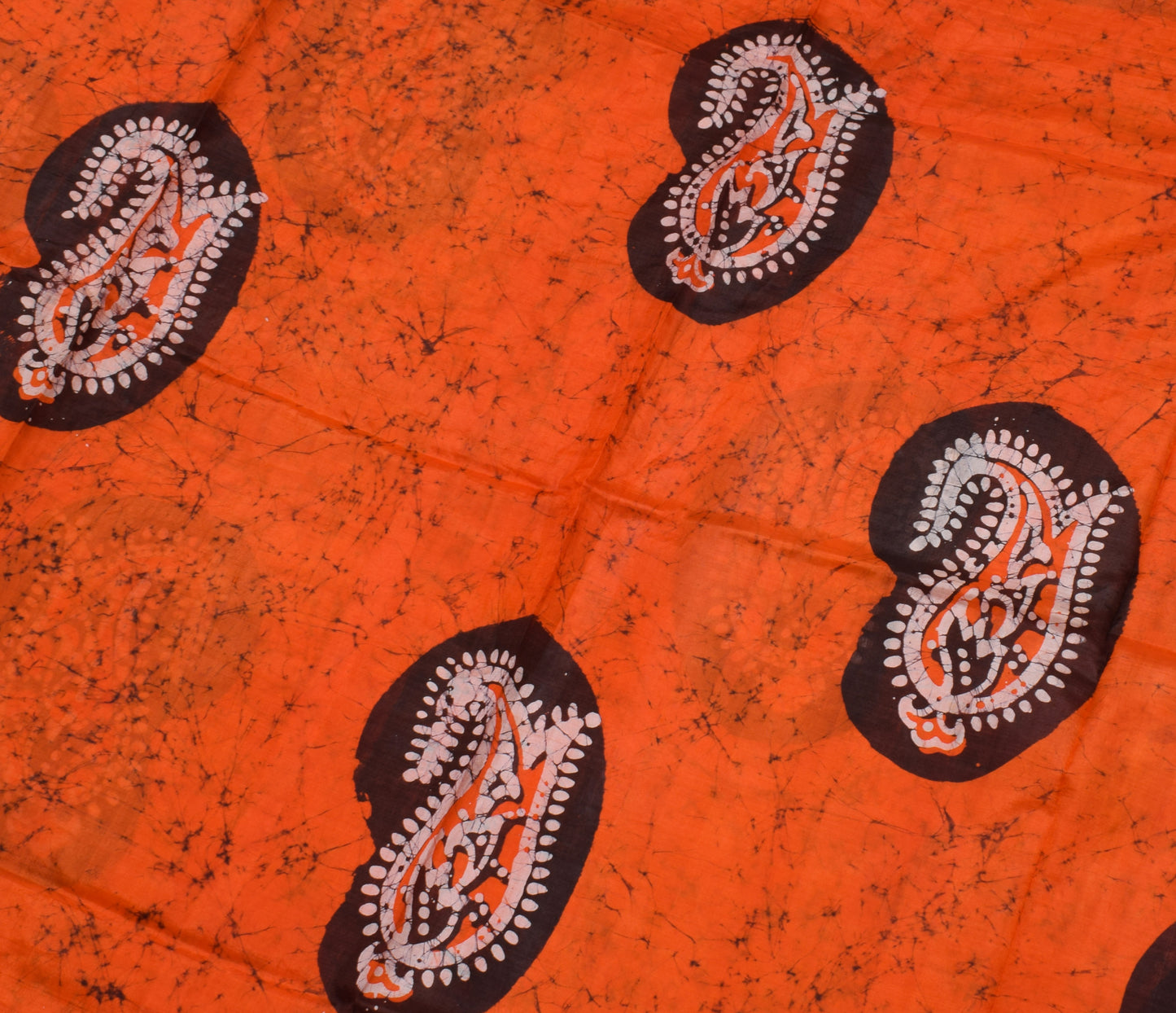 Sushila Vintage Orange Saree 100% Pure Silk Batik Printed Paisley Craft Fabric