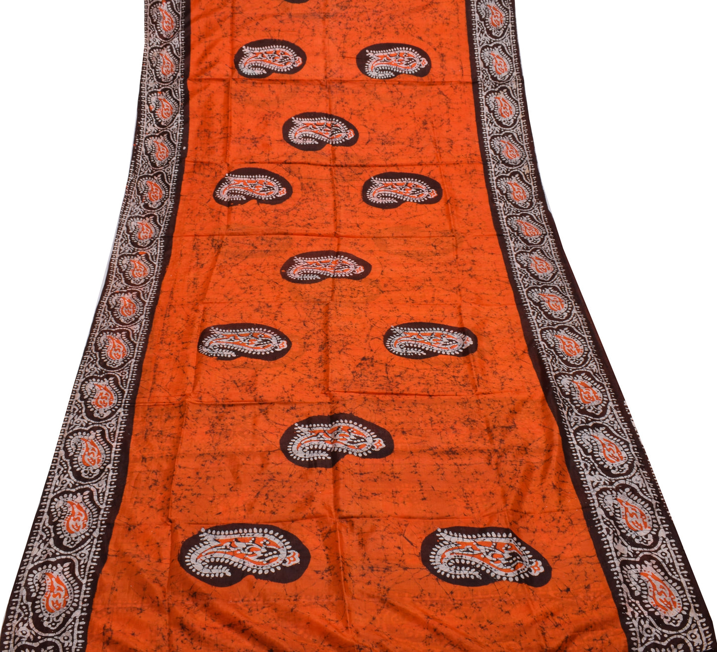 Sushila Vintage Orange Saree 100% Pure Silk Batik Printed Paisley Craft Fabric