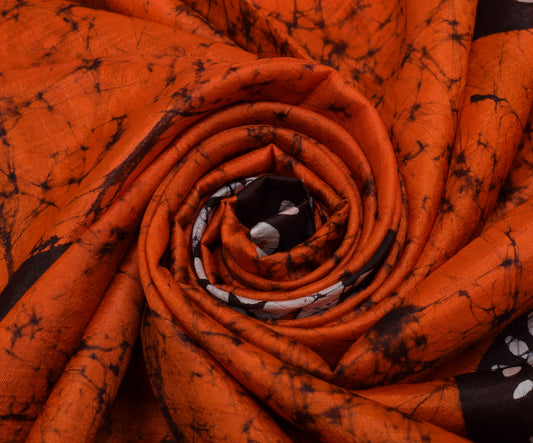 Sushila Vintage Orange Saree 100% Pure Silk Batik Printed Paisley Craft Fabric