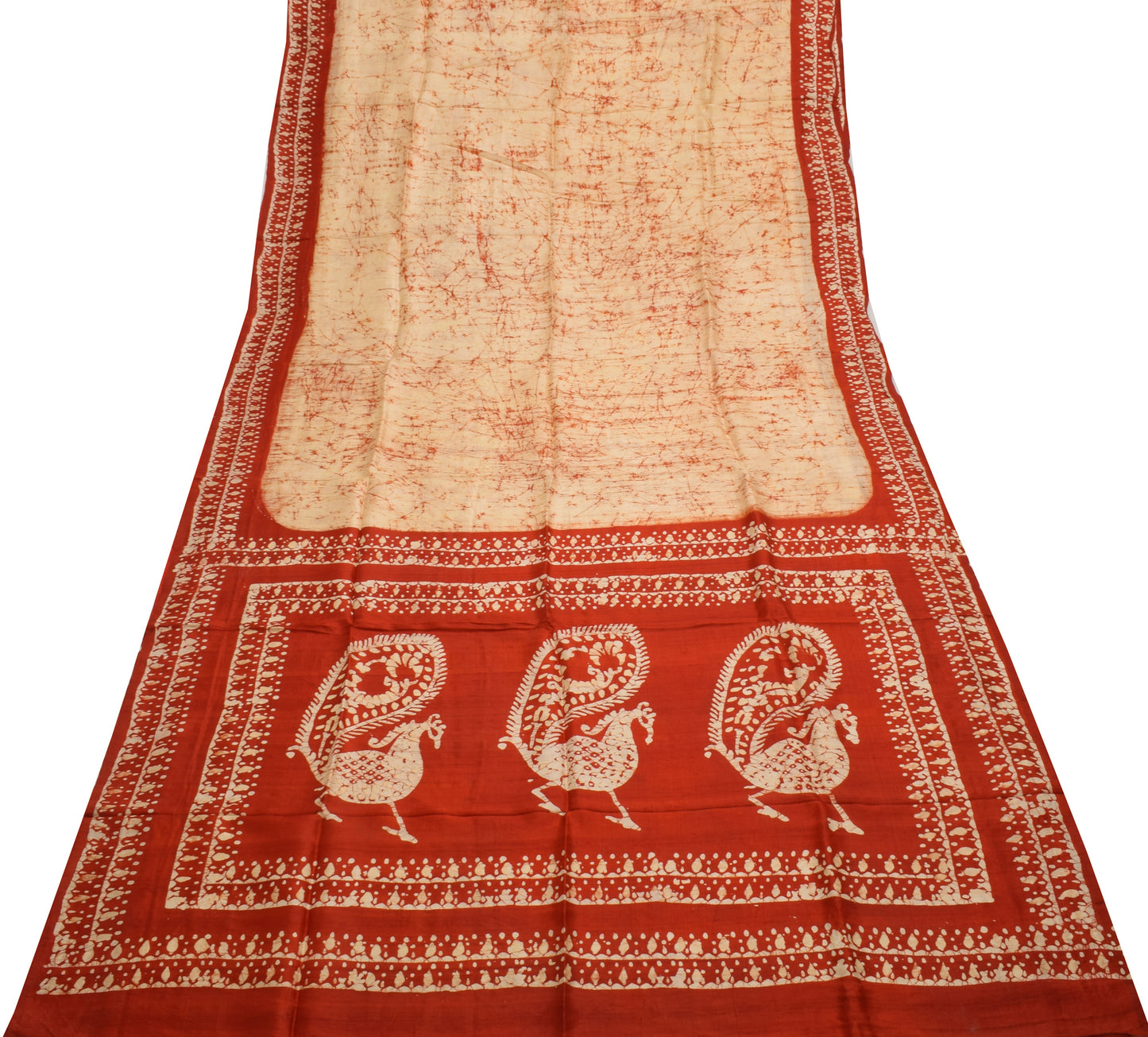 Sushila Vintage Cream Saree 100% Pure Silk Batik Printed Soft Craft Sari Fabric