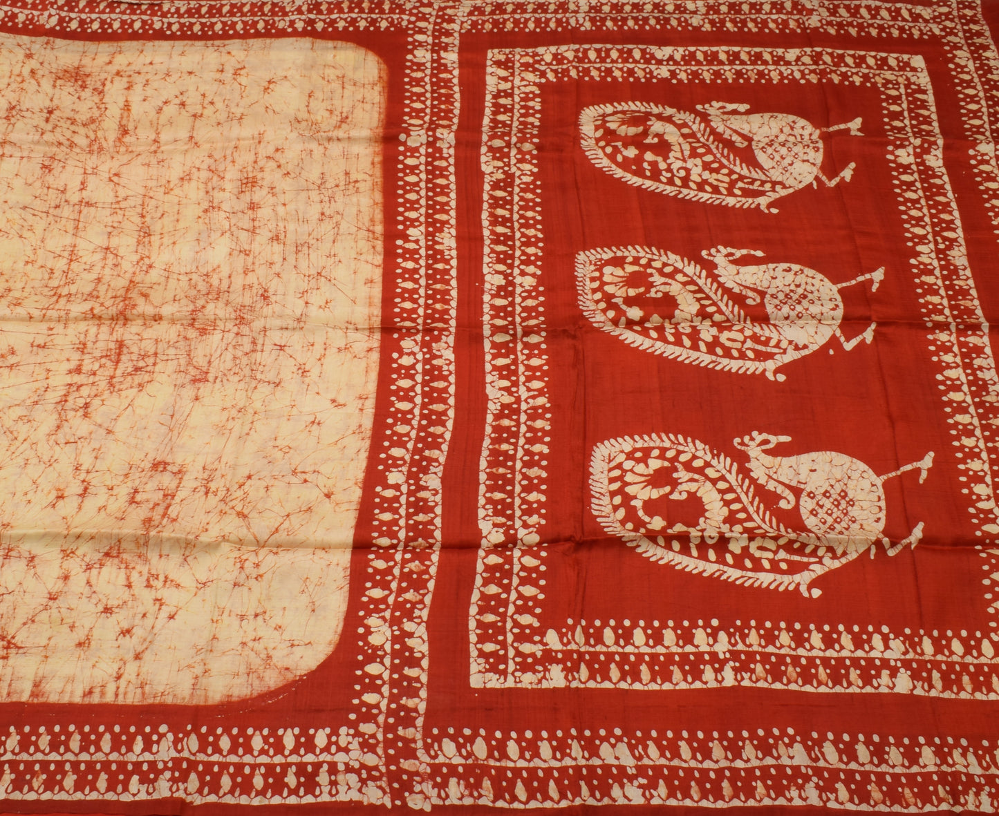 Sushila Vintage Cream Saree 100% Pure Silk Batik Printed Soft Craft Sari Fabric