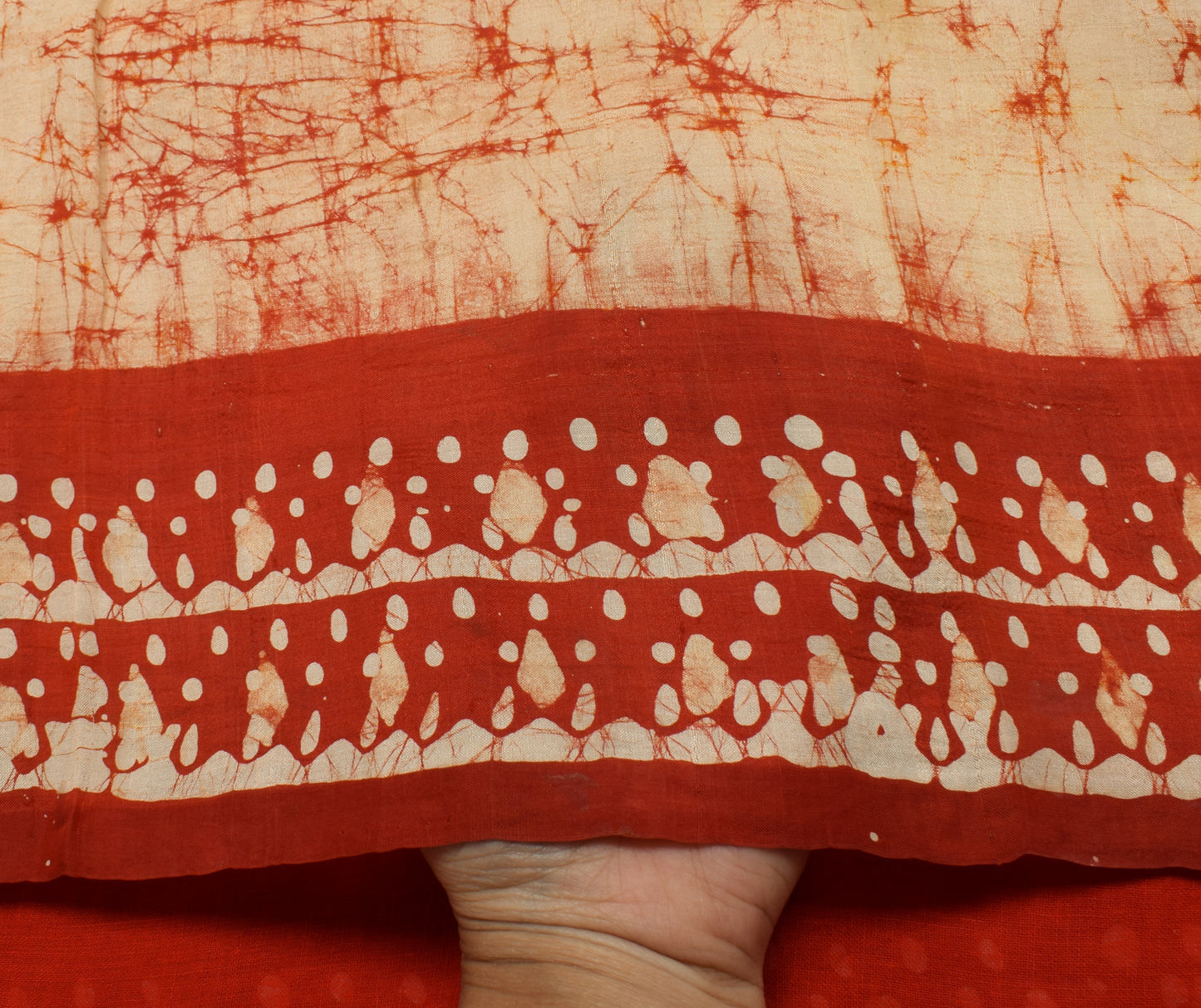 Sushila Vintage Cream Saree 100% Pure Silk Batik Printed Soft Craft Sari Fabric