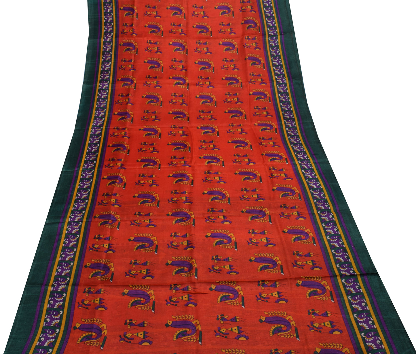 Sushila Vintage Dark Orange Saree Blend Silk Printed 5 Yard Soft Craft Fabric