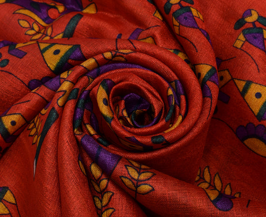 Sushila Vintage Dark Orange Saree Blend Silk Printed 5 Yard Soft Craft Fabric