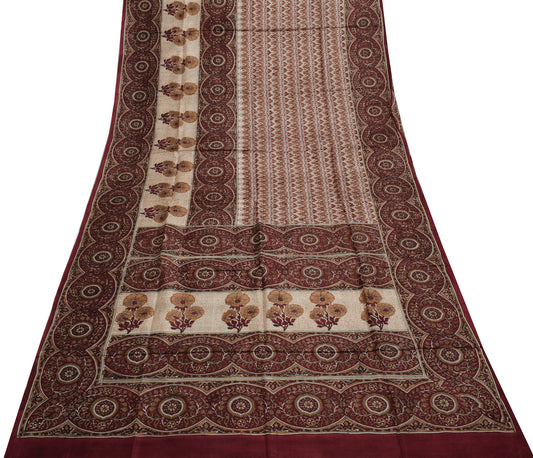 Sushila Vintage Indian Saree 100% Pure Silk Printed Floral Soft Craft Fabric