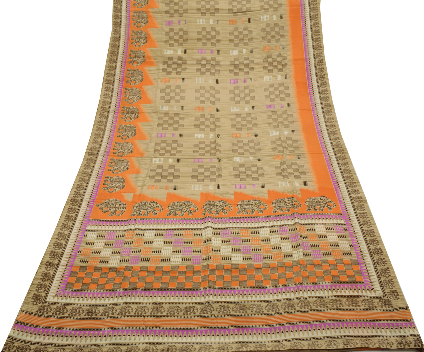 Sushila Vintage Brown Saree Blend Silk Printed Elephant Soft Craft Sari Fabric