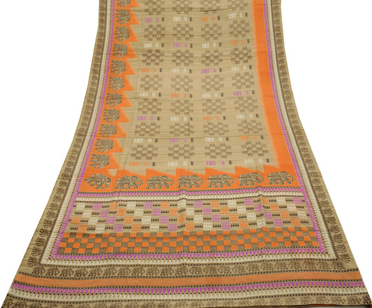 Sushila Vintage Brown Saree Blend Silk Printed Elephant Soft Craft Sari Fabric
