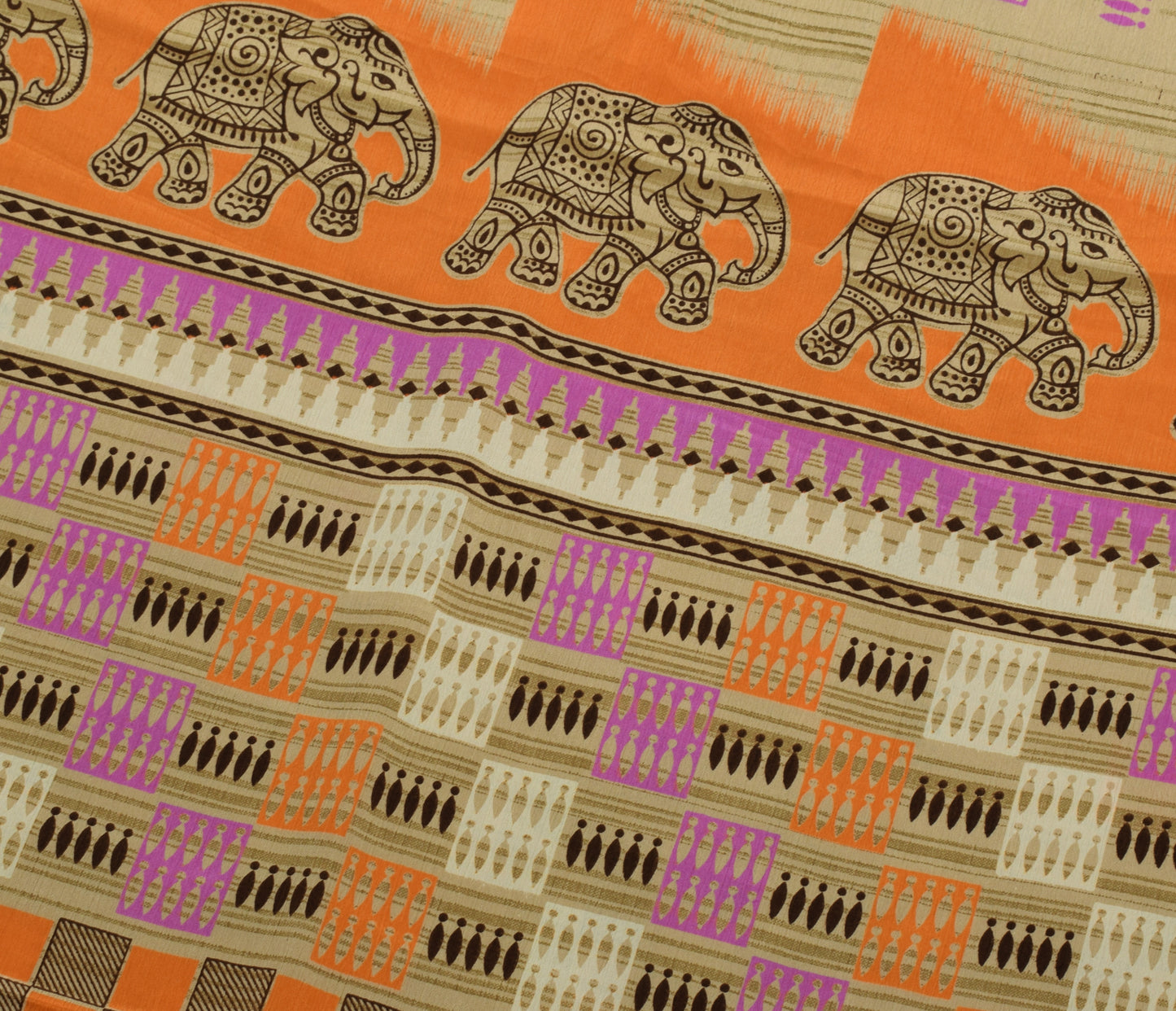 Sushila Vintage Brown Saree Blend Silk Printed Elephant Soft Craft Sari Fabric