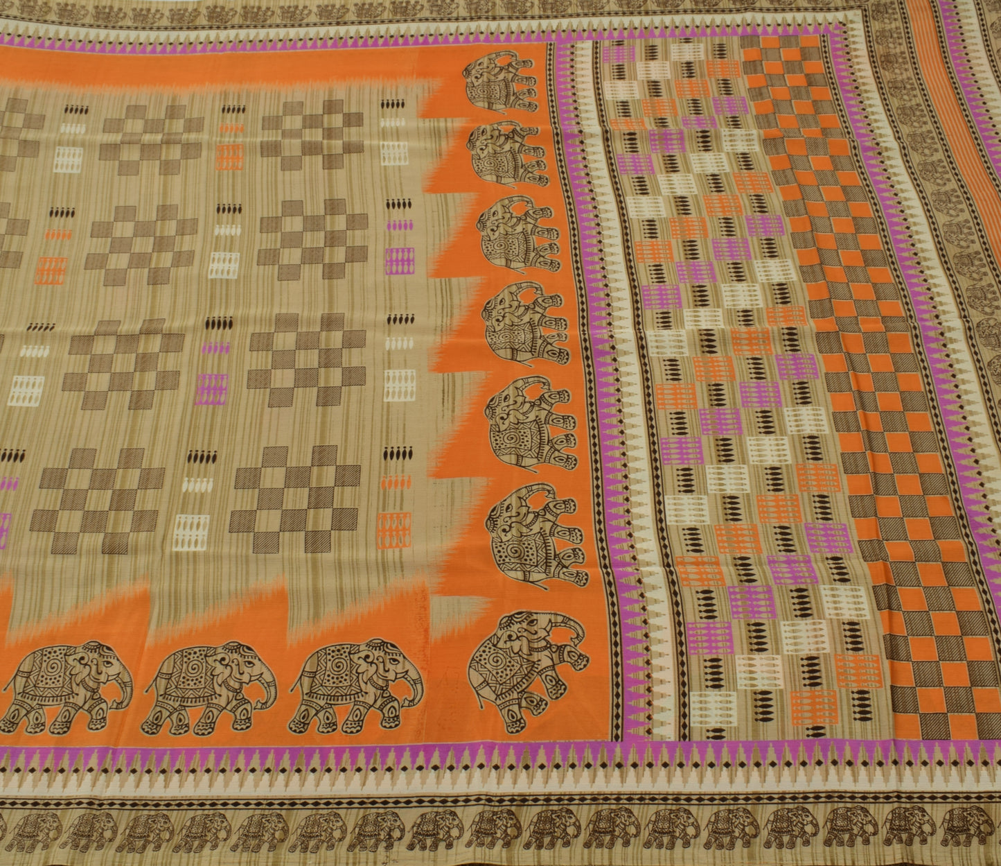 Sushila Vintage Brown Saree Blend Silk Printed Elephant Soft Craft Sari Fabric