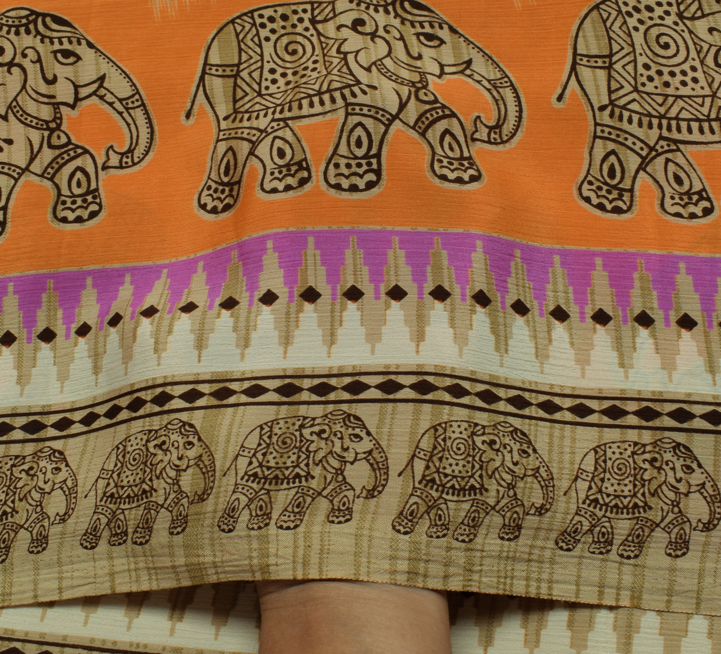 Sushila Vintage Brown Saree Blend Silk Printed Elephant Soft Craft Sari Fabric