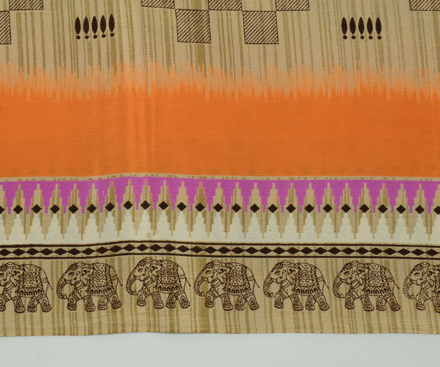 Sushila Vintage Brown Saree Blend Silk Printed Elephant Soft Craft Sari Fabric