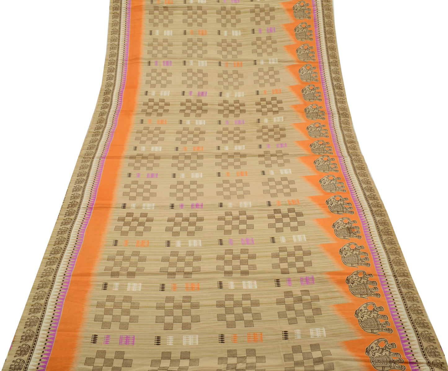 Sushila Vintage Brown Saree Blend Silk Printed Elephant Soft Craft Sari Fabric