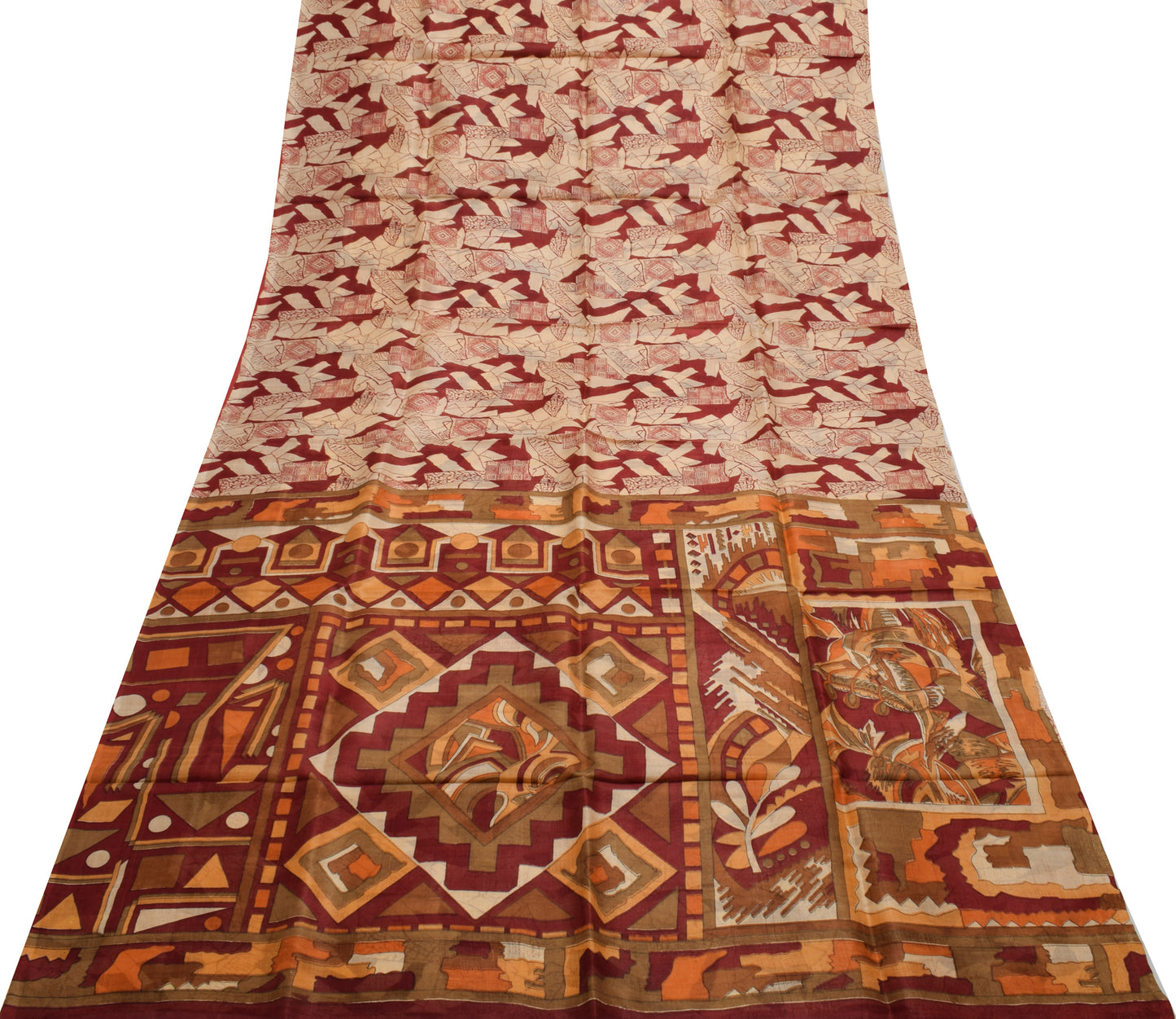 Sushila Vintage Cream Indian Saree 100% Pure Silk Printed 5 YD Craft Fabric