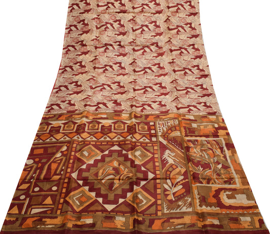 Sushila Vintage Cream Indian Saree 100% Pure Silk Printed 5 YD Craft Fabric