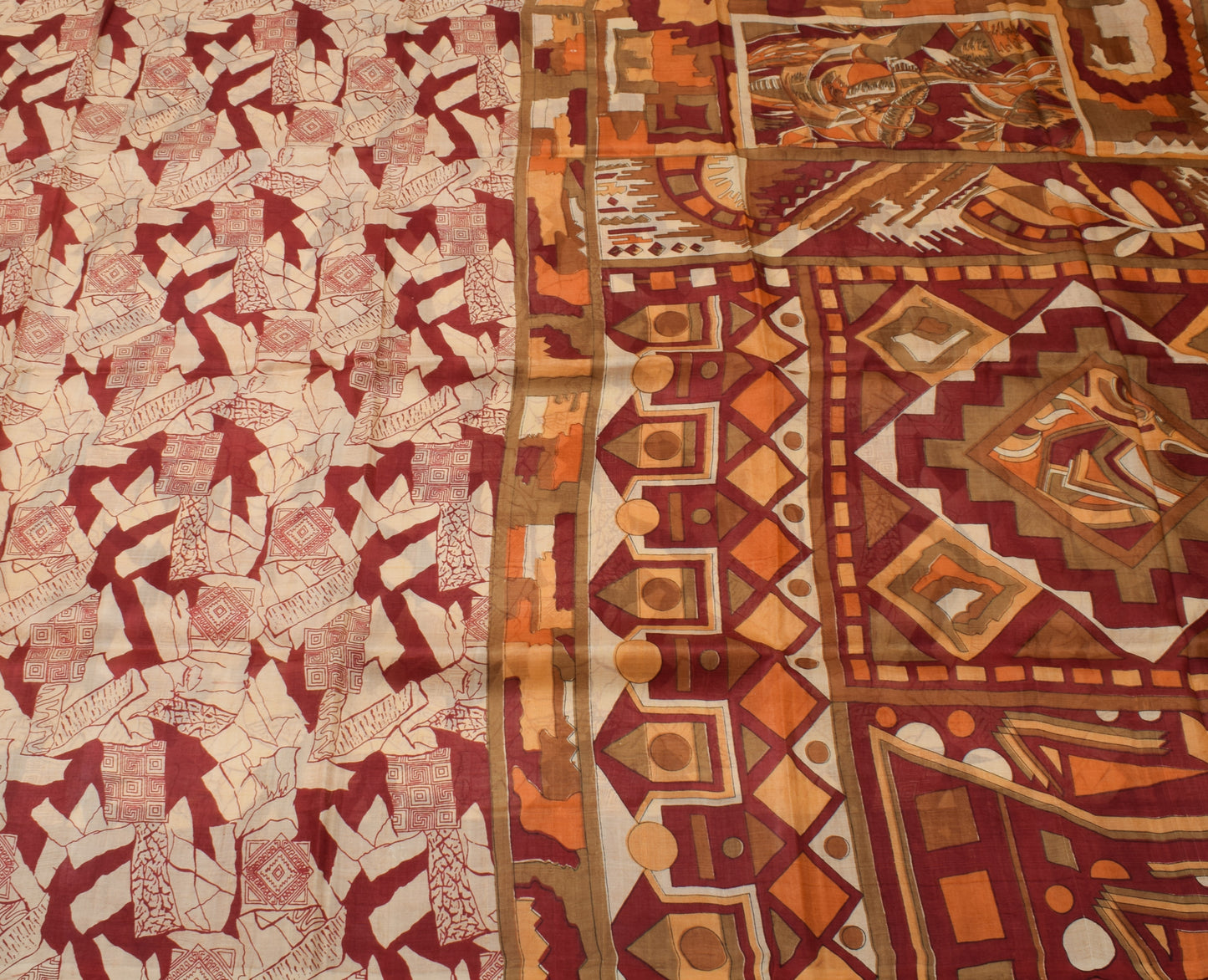 Sushila Vintage Cream Indian Saree 100% Pure Silk Printed 5 YD Craft Fabric
