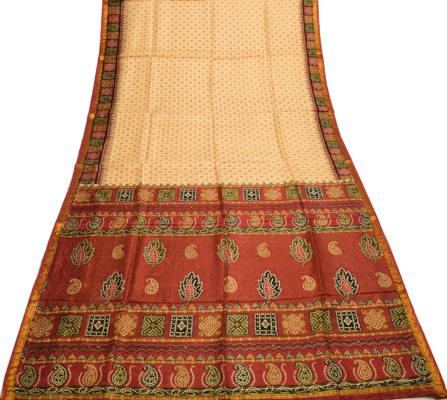 Sushila Vintage Beige Indian Saree 100% Pure Silk Printed Soft Craft Fabric
