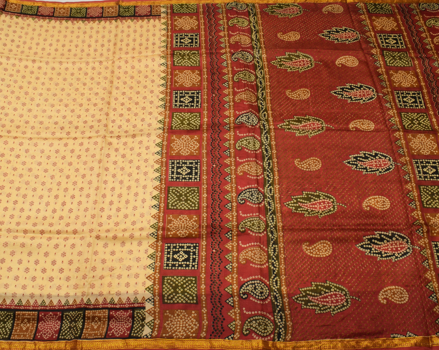Sushila Vintage Beige Indian Saree 100% Pure Silk Printed Soft Craft Fabric