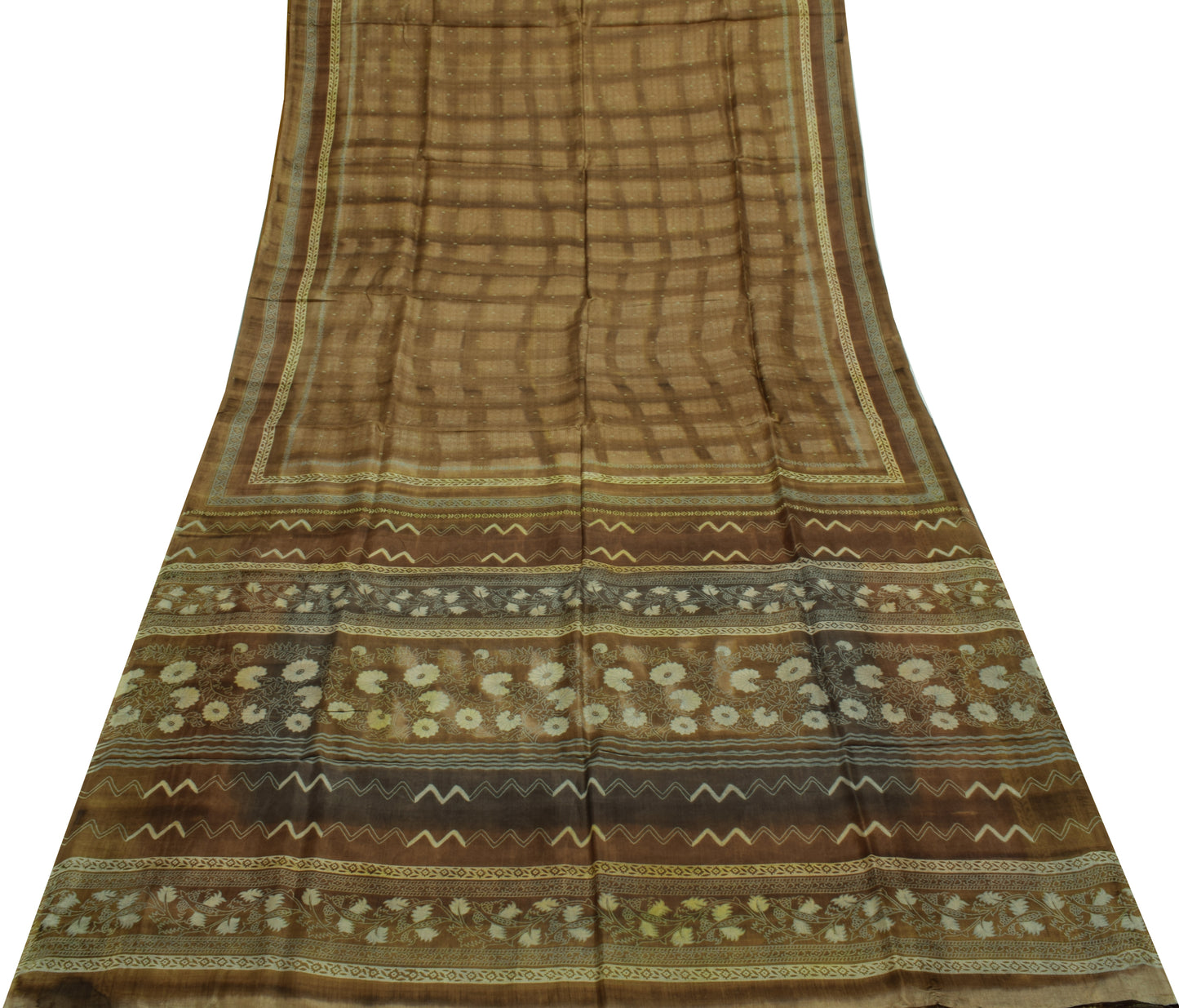 Sushila Vintage Brown Saree 100% Pure Silk Printed Checks Soft Craft Fabric