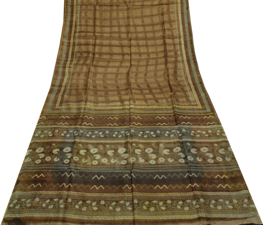 Sushila Vintage Brown Saree 100% Pure Silk Printed Checks Soft Craft Fabric