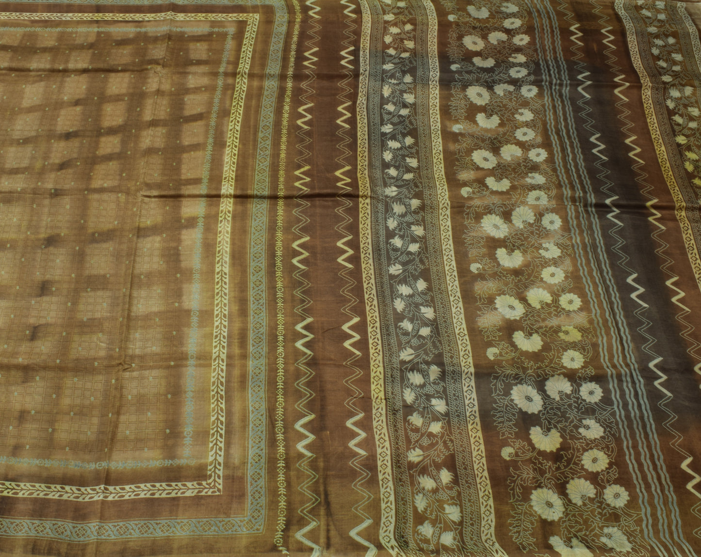 Sushila Vintage Brown Saree 100% Pure Silk Printed Checks Soft Craft Fabric