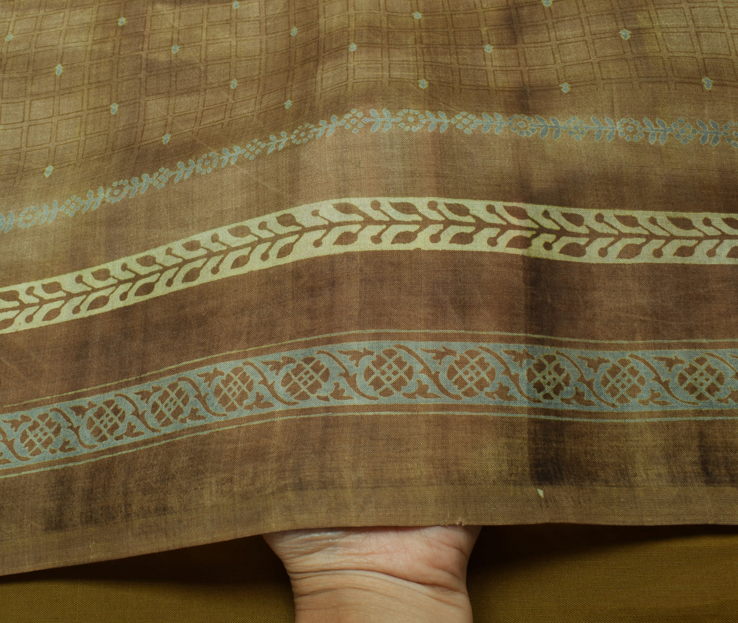 Sushila Vintage Brown Saree 100% Pure Silk Printed Checks Soft Craft Fabric