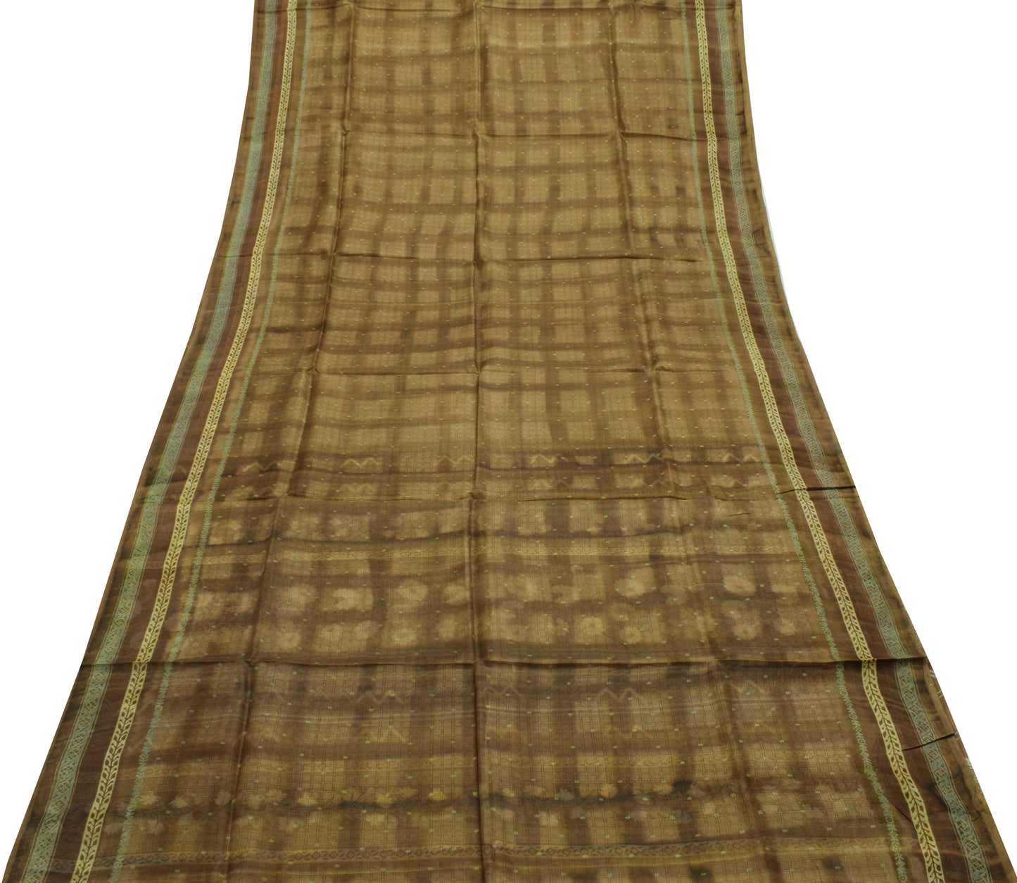 Sushila Vintage Brown Saree 100% Pure Silk Printed Checks Soft Craft Fabric