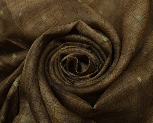 Sushila Vintage Brown Saree 100% Pure Silk Printed Checks Soft Craft Fabric
