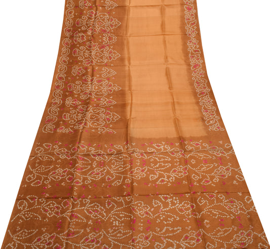 Sushila Vintage Brown Saree 100% Pure Silk Bandhani Printed Soft Craft Fabric