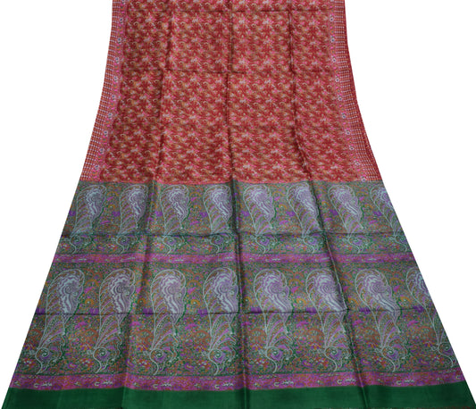 Sushila Vintage Red Saree 100% Pure Silk Printed Floral Soft Craft Fabric