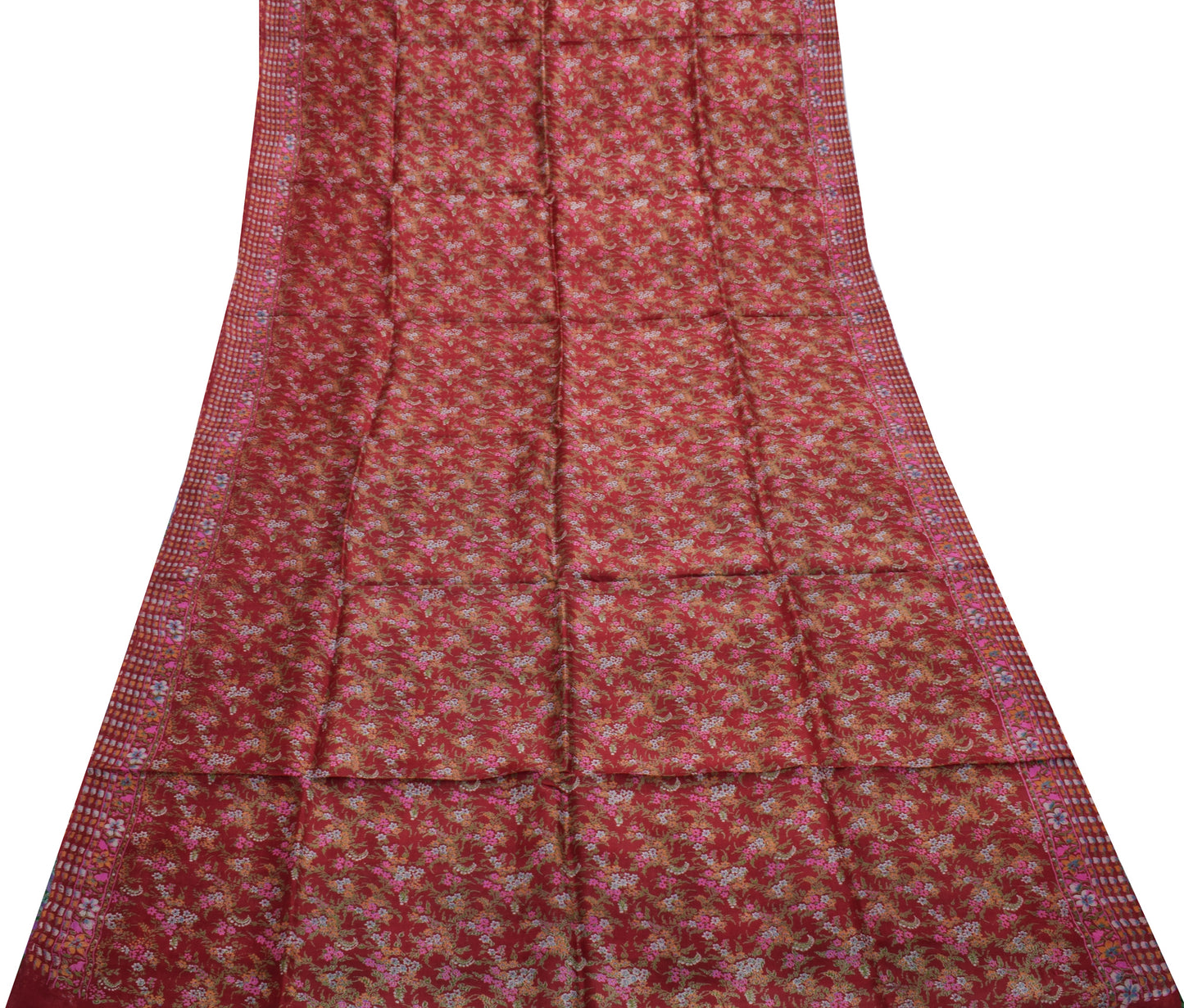 Sushila Vintage Red Saree 100% Pure Silk Printed Floral Soft Craft Fabric