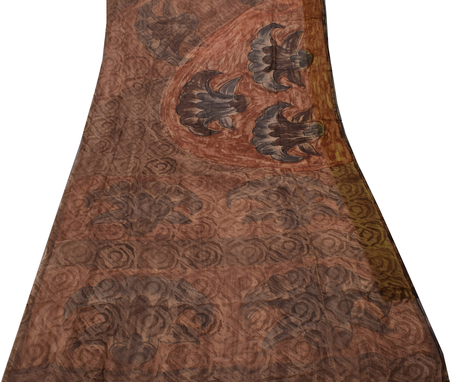 Sushila Vintage Brown Saree Blend Chiffon Silk Printed Soft Craft 5 Yard Fabric