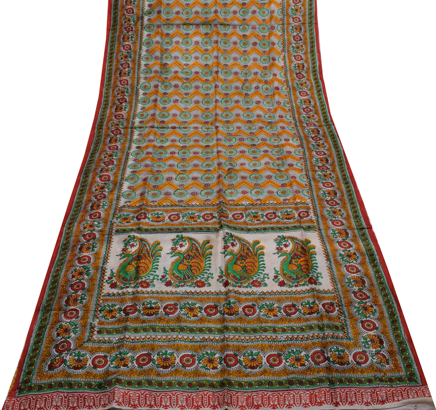 Sushila Vintage Indian Saree 100% Pure Silk Hand Block Printed Soft Craft Fabric