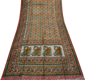 Sushila Vintage Indian Saree 100% Pure Silk Hand Block Printed Soft Craft Fabric