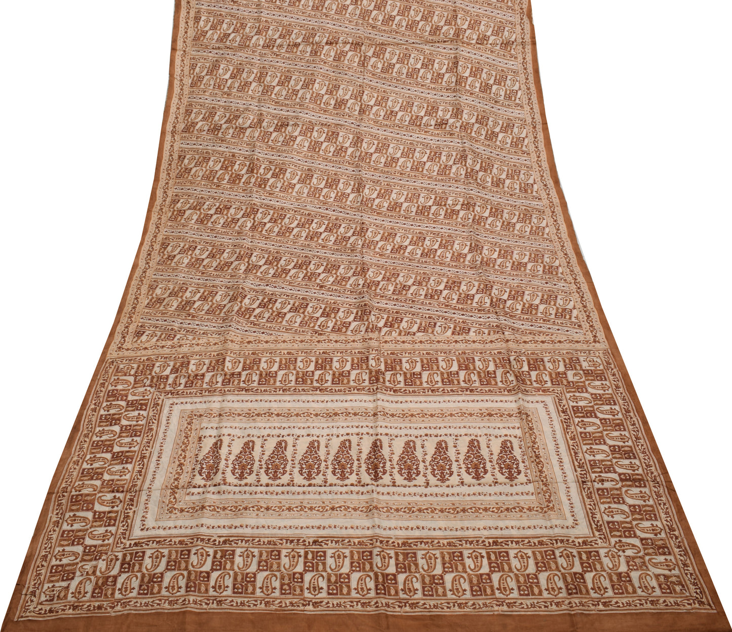 Sushila Vintage Cream Saree 100% Pure Silk Printed Paisley Soft Craft Fabric