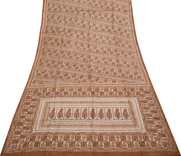 Sushila Vintage Cream Saree 100% Pure Silk Printed Paisley Soft Craft Fabric