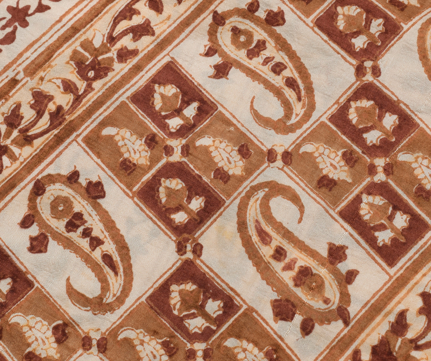 Sushila Vintage Cream Saree 100% Pure Silk Printed Paisley Soft Craft Fabric